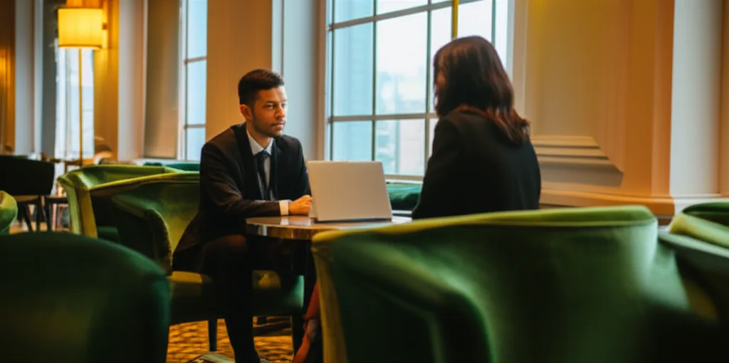 円安はいつまで続く?2026年見通しと資産防衛戦略 - 都内の高級ホテルのラウンジで、スーツ姿の男女がノートPCを広げながら打ち合わせをしている落ち着いた雰