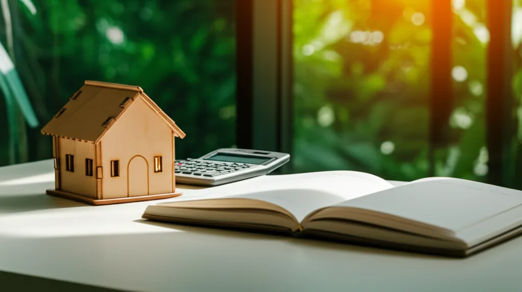 日銀利上げの本質:高属性会社員が今すべき資産防衛術 - 白いデスクの上に住宅の模型と電卓、ノートが置かれ、窓から明るい光が差し込む室内の情景