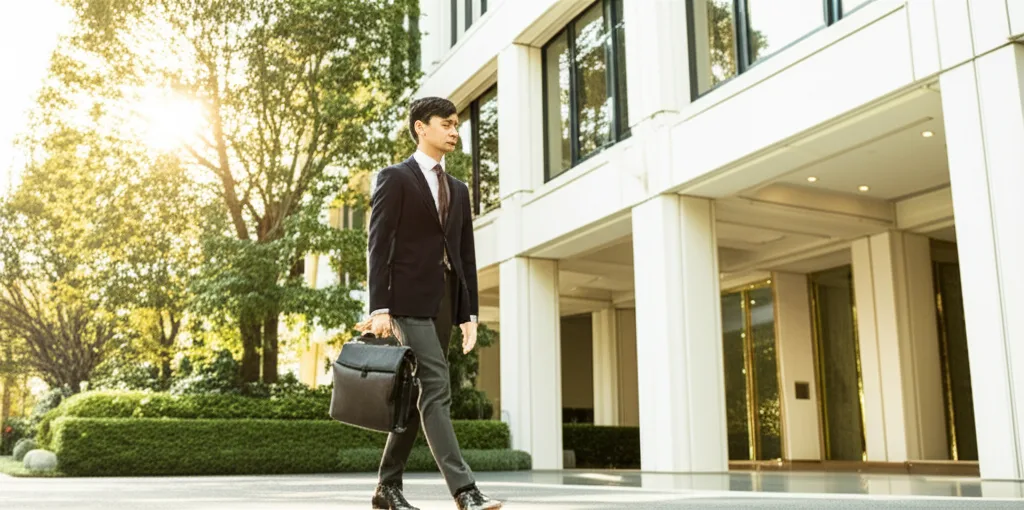 円安はいつまで続く?2026年見通しと資産防衛戦略 - 東京・六本木エリアのモダンなオフィスビルのエントランス付近で、ブリーフケースを持つスーツ姿の男性が颯