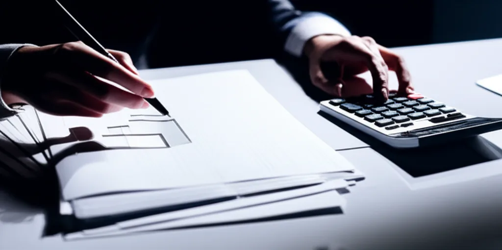 相続実家の売却で600万円差がつく!空き家特例の正しい使い方 - 電卓と税務申告書類が並ぶデスクで、ペンを持って計算している人物の手元のシーン