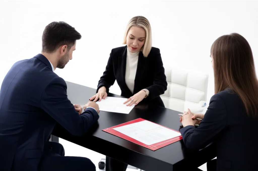 相続実家の売却で600万円差がつく!空き家特例の正しい使い方 - 不動産会社のオフィスで、担当者と向き合って契約書を確認している男性のシーン