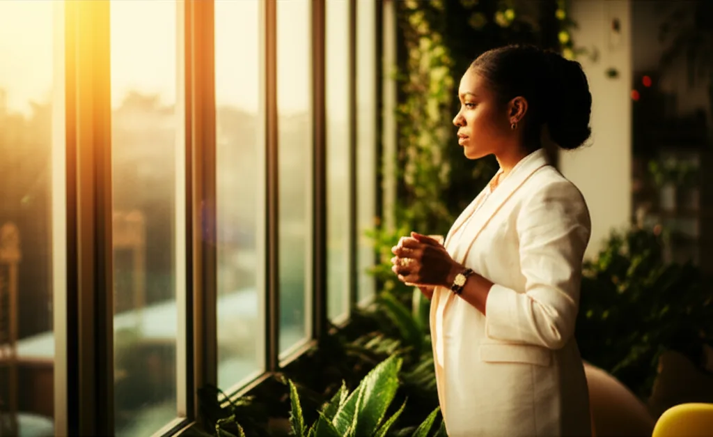 日銀利上げの本質:高属性会社員が今すべき資産防衛術 - 朝日が差し込む明るいオフィスで、コーヒーカップを持ちながら窓の外を見渡す、自信に満ちた表情のビジネス