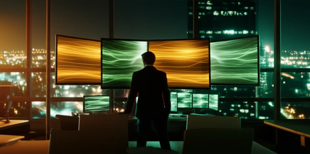 円安はいつまで続く?2026年見通しと資産防衛戦略 - 夜の金融街、ガラス張りのオフィスビルに灯りがともり、シルエットになったトレーダーが複数のモニターを見