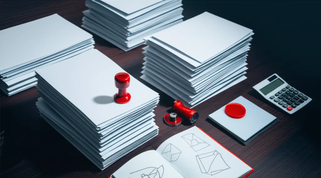 相続実家の売却で600万円差がつく!空き家特例の正しい使い方 - 法律書類や印鑑が並ぶ木製デスクの上に、電卓と手書きのメモが置かれているシーン