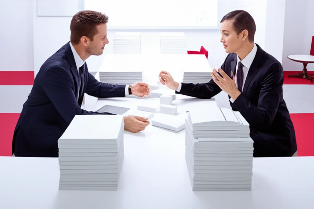 相続実家の売却で600万円差がつく!空き家特例の正しい使い方 - 税理士事務所の会議室で、資料を前に専門家と向き合って相談しているビジネスパーソンのシーン