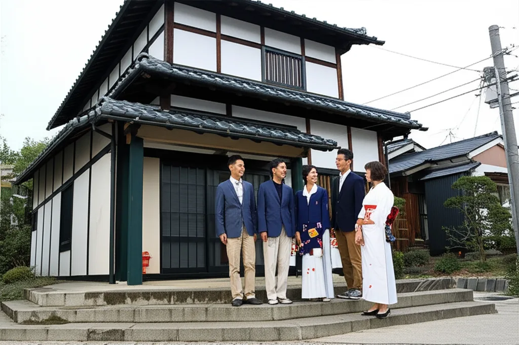 相続実家の売却で600万円差がつく!空き家特例の正しい使い方 - 家族で古い実家の前に立ち、話し合いをしているシーン。背景に日本の住宅街が広がっている