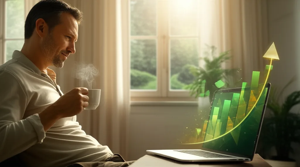 円安はいつまで続く?2026年見通しと資産防衛戦略 - 朝の光が差し込むホームオフィスで、男性がコーヒーを手にしながらノートPCで資産管理画面を確認している
