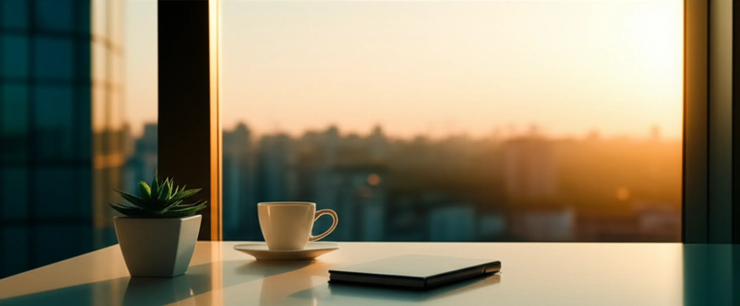 資産形成の本質：種銭1000万円と「自分軸」で最速で資産を築く方法 - 早朝の都市を見下ろす高層オフィスビルの窓から、朝日が差し込む静かなデスクの風景