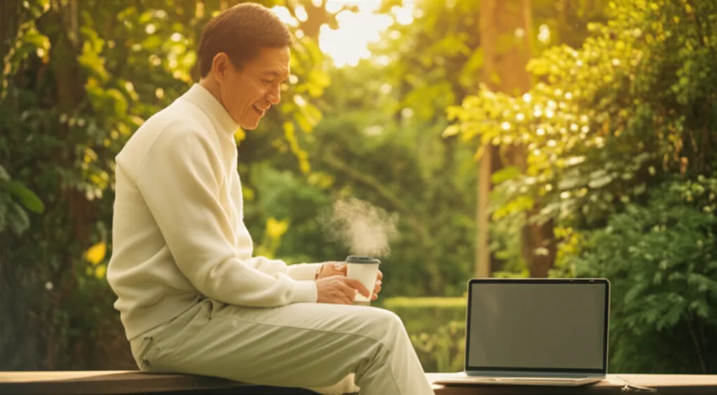 資産形成の本質：種銭1000万円と「自分軸」で最速で資産を築く方法 - 緑豊かな公園のベンチで、ノートPCを開きながらコーヒーを飲む40代のビジネスパーソン