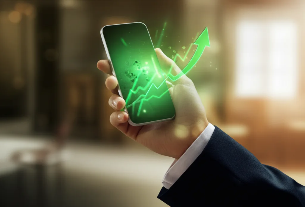 資産形成の本質：種銭1000万円と「自分軸」で最速で資産を築く方法 - スマートフォンの投資アプリ画面を確認する、スーツ姿の手元のクローズアップ