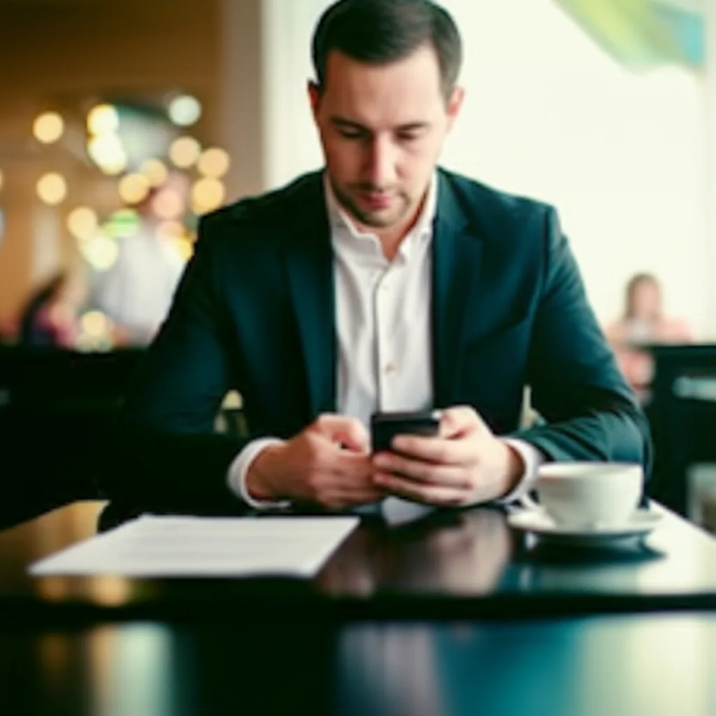 資産形成の本質：種銭1000万円と「自分軸」で最速で資産を築く方法 - 都心のカフェで書類を広げ、真剣な表情でスマートフォンを操作する30代後半のビジネスパーソン