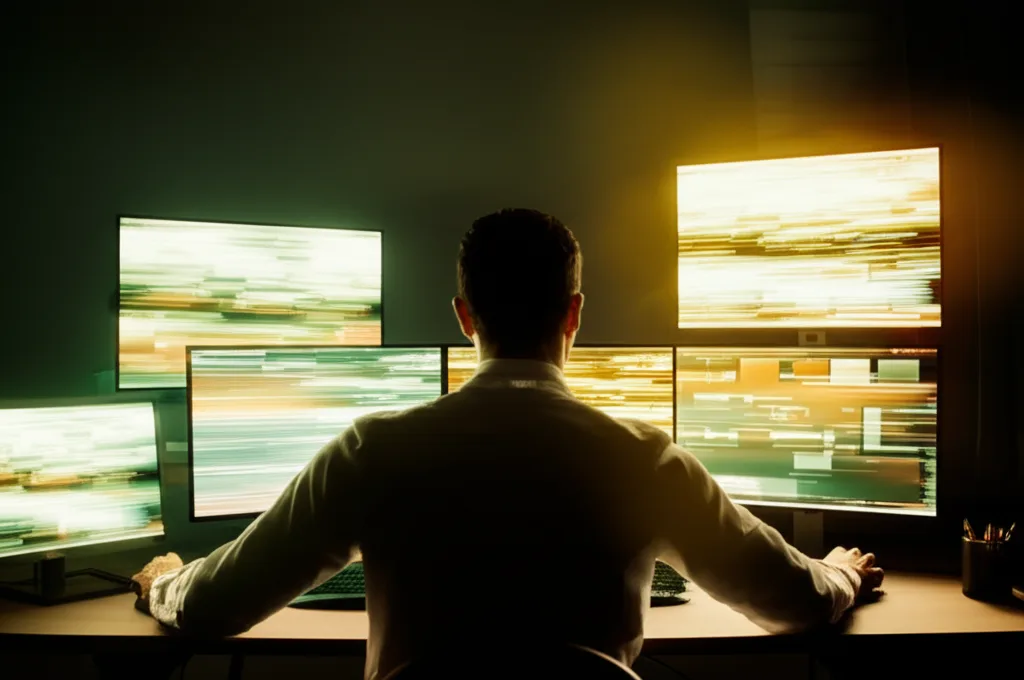 資産形成の本質：種銭1000万円と「自分軸」で最速で資産を築く方法 - 整然としたホームオフィスで、複数のモニターを前に落ち着いた表情で作業する男性の後ろ姿