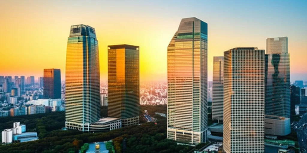 資産形成の本質：種銭1000万円と「自分軸」で最速で資産を築く方法 - 夕暮れ時の東京の街並みを背景に、ガラス張りのオフィスビルが立ち並ぶ都市の風景