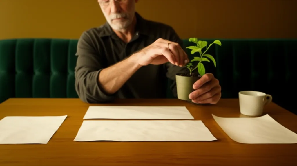 役職定年で年収半減でも逆転できる資産形成術 - カフェのテーブルで書類を広げ、険しい表情でペンを走らせる50代のビジネスマン