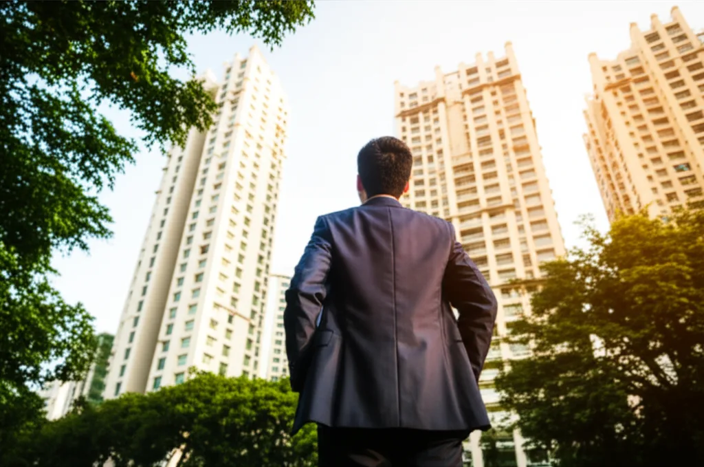 役職定年で年収半減でも逆転できる資産形成術 - 都心の高層マンション群と青空を見上げるスーツ姿のビジネスマン