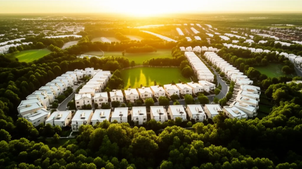 役職定年で年収半減でも逆転できる資産形成術 - 都内の住宅街を俯瞰した空撮写真。整然と並ぶ住宅と緑の公園