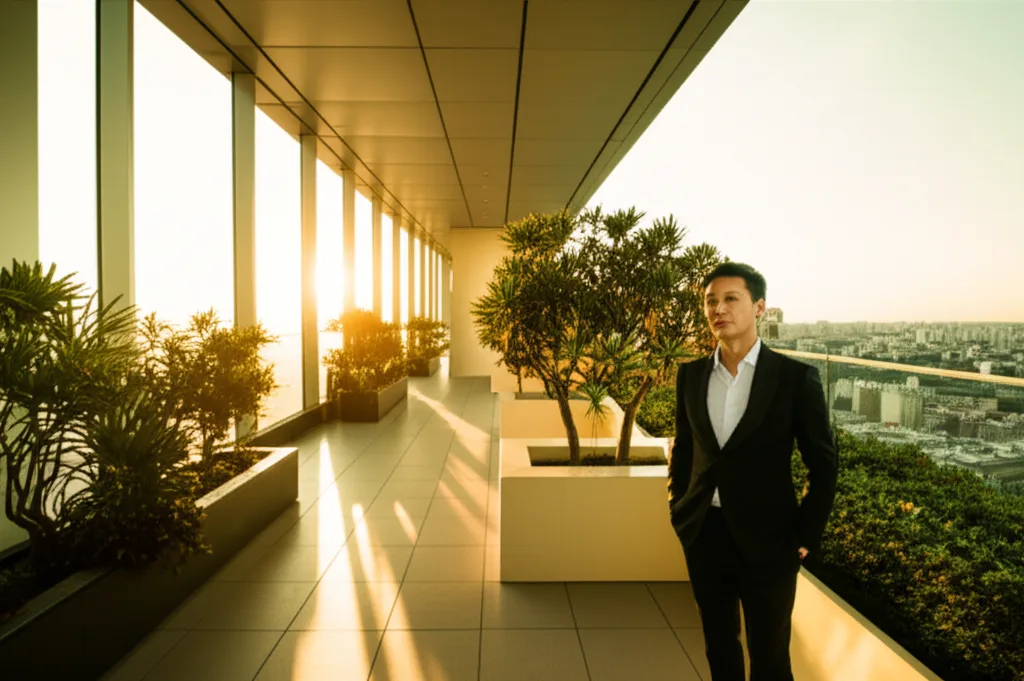 役職定年で年収半減でも逆転できる資産形成術 - 夕暮れの都市を見渡す高層ビルの屋上テラスに立つ、落ち着いた表情のスーツ姿の男性