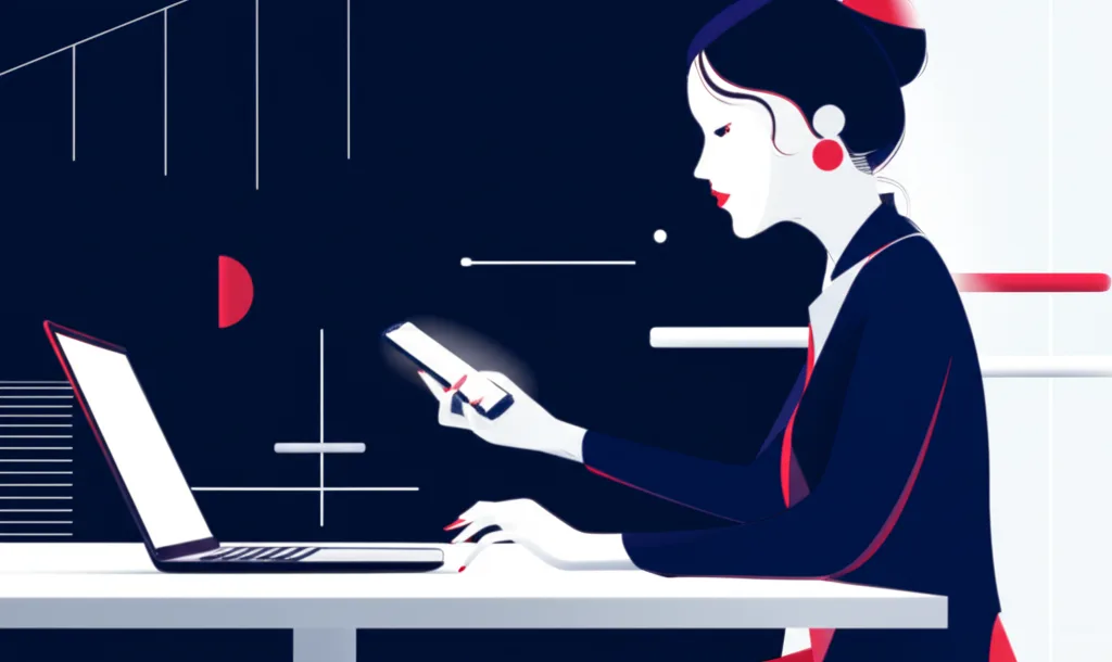 iDeCo 2026年改正｜上限引き上げで節税と資産形成はどう変わる？ - カフェのテーブルでノートパソコンを開き、スマートフォンを手にしながら資料を確認するビジネスウーマンの