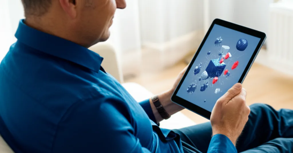 iDeCo 2026年改正｜上限引き上げで節税と資産形成はどう変わる？ - 明るい自然光が差し込むリビングで、タブレットを手に資産運用の画面を見ている40代男性のリラックスした