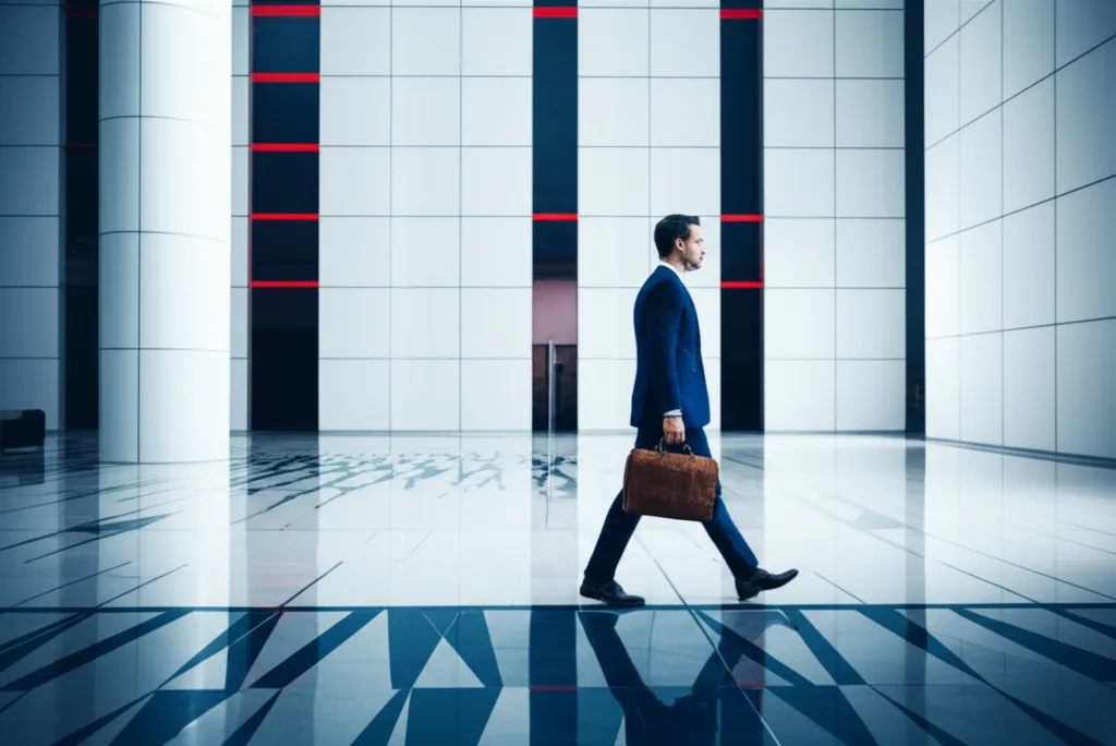 iDeCo 2026年改正｜上限引き上げで節税と資産形成はどう変わる？ - 都心のモダンなオフィスビルのロビー、スーツ姿の男性が革鞄を持って歩いているシーン