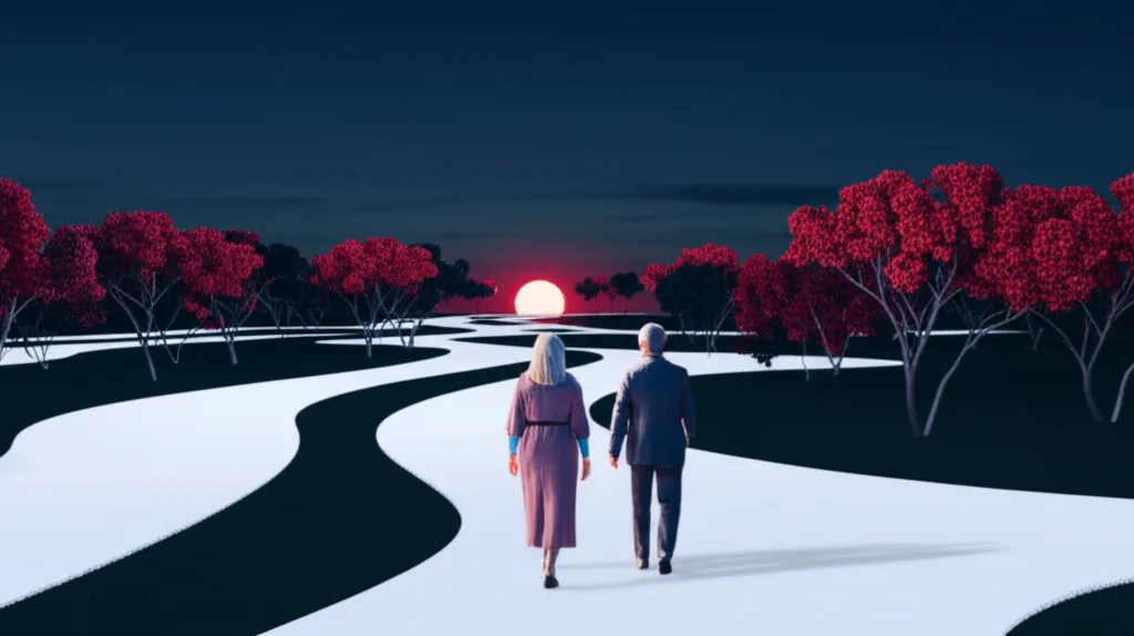 iDeCo 2026年改正｜上限引き上げで節税と資産形成はどう変わる？ - 夕暮れ時の公園を歩く50代夫婦の後ろ姿、穏やかな雰囲気のシーン