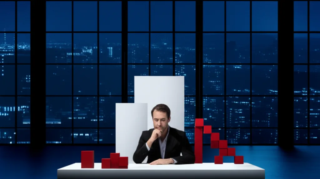 iDeCo 2026年改正｜上限引き上げで節税と資産形成はどう変わる？ - 窓の外に広がる夜景を背景に、デスクで資料を広げながら考え込む40代のビジネスパーソンのシーン