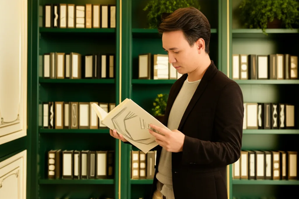 ハイパフォーマーへの10年戦略:キャリアと資産を同時に育てる - 書店の経済・ビジネス書コーナーで本を手に取る30代のビジネスマン