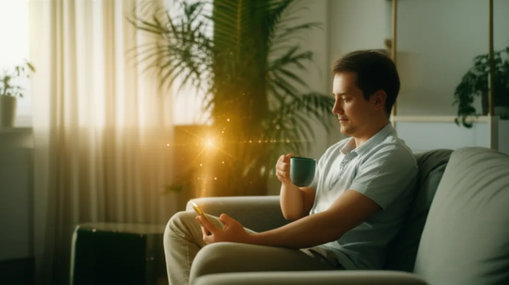 ハイパフォーマーへの10年戦略:キャリアと資産を同時に育てる - スマートフォンの投資アプリ画面を確認しながらコーヒーを飲む、リビングでくつろぐ30代の男性