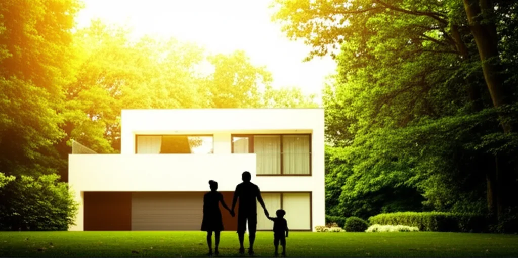 ハイパフォーマーへの10年戦略:キャリアと資産を同時に育てる - 都内の高級住宅街、緑に囲まれた戸建て住宅の前に立つ家族3人のシルエット