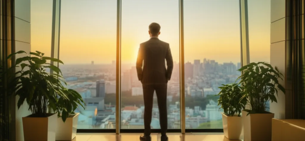 ハイパフォーマーへの10年戦略:キャリアと資産を同時に育てる - 夕暮れの都市を見下ろす高層ビルのガラス窓の前に立ち、遠くを見つめるスーツ姿のビジネスパーソンの後ろ姿