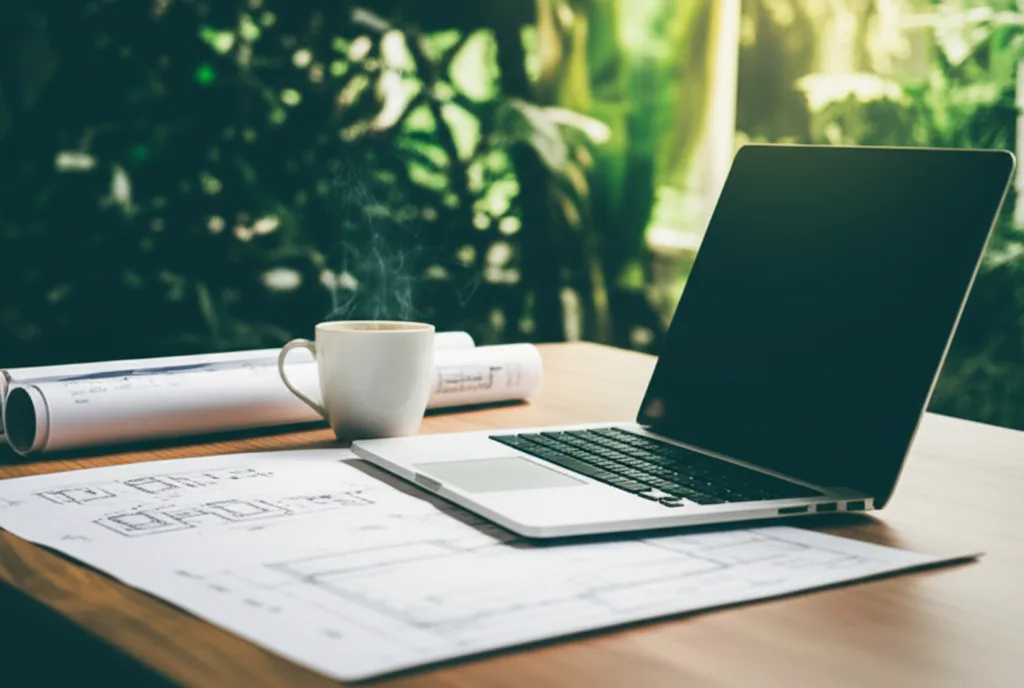 資産1億円の作り方｜会社員の与信を武器にするレバレッジ戦略 - デスクの上に広げられた設計図とノートパソコン、コーヒーカップが置かれたシーン