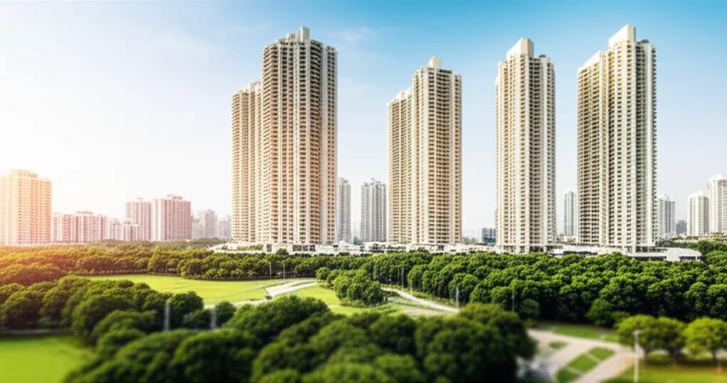 資産1億円の作り方｜会社員の与信を武器にするレバレッジ戦略 - 都心の高層マンション群と青空、手前には整備された公園が広がるシーン