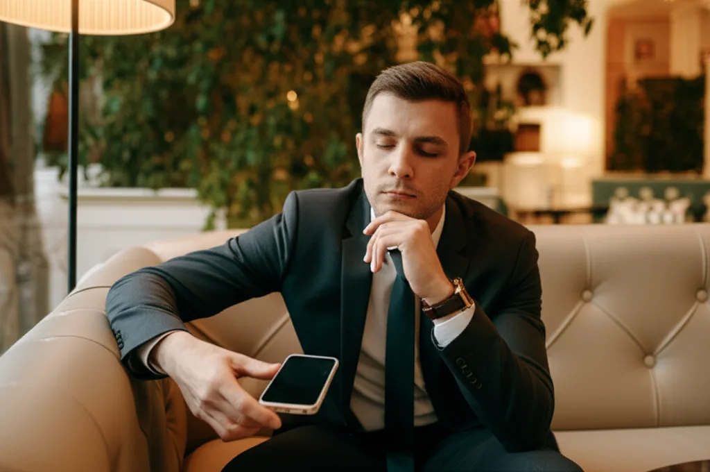 資産1億円の作り方｜会社員の与信を武器にするレバレッジ戦略 - カフェのソファでスマートフォンを見ながら考え込むスーツ姿のビジネスパーソン
