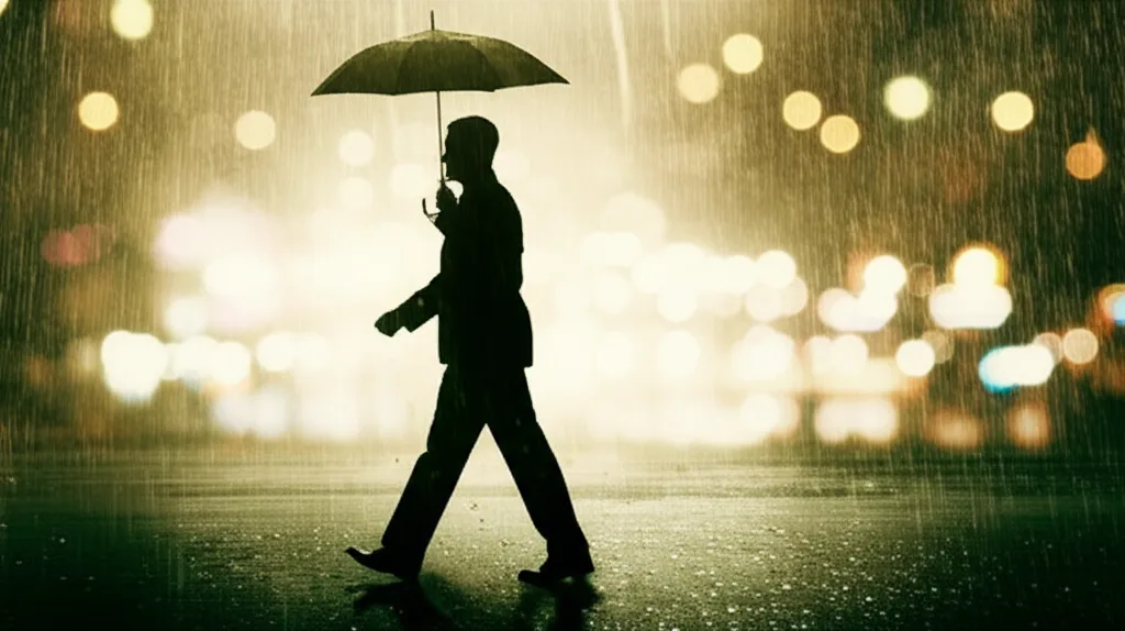 資産1億円の作り方｜会社員の与信を武器にするレバレッジ戦略 - 嵐の中で傘をさして歩くビジネスマンのシルエット、都市の街並みを背景に