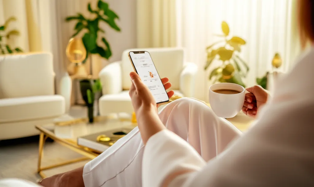 資産1億円の作り方｜会社員の与信を武器にするレバレッジ戦略 - 朝の光が差し込むモダンなリビングルームで、コーヒーを手にスマートフォンを確認する人物