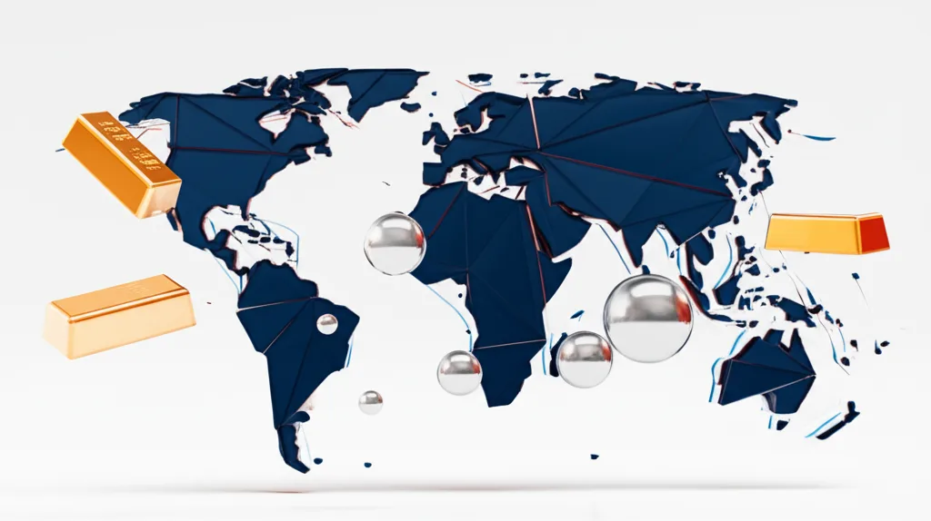 マネックス証券iDeCoでゴールド解禁|インフレ時代の資産防衛比較 - 世界地図を背景に金塊と通貨記号が浮かぶイメージ、グローバル経済の象徴
