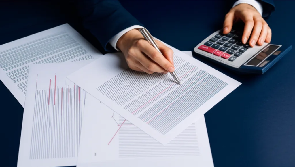 マネックス証券iDeCoでゴールド解禁|インフレ時代の資産防衛比較 - 電卓と確定申告書類が並ぶデスク、ペンを持つビジネスパーソンの手