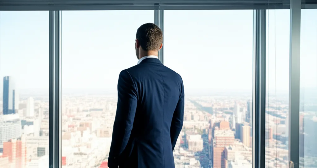 マネックス証券iDeCoでゴールド解禁|インフレ時代の資産防衛比較 - 高層ビルのオフィスで窓の外を見つめるスーツ姿の男性、都市の昼景