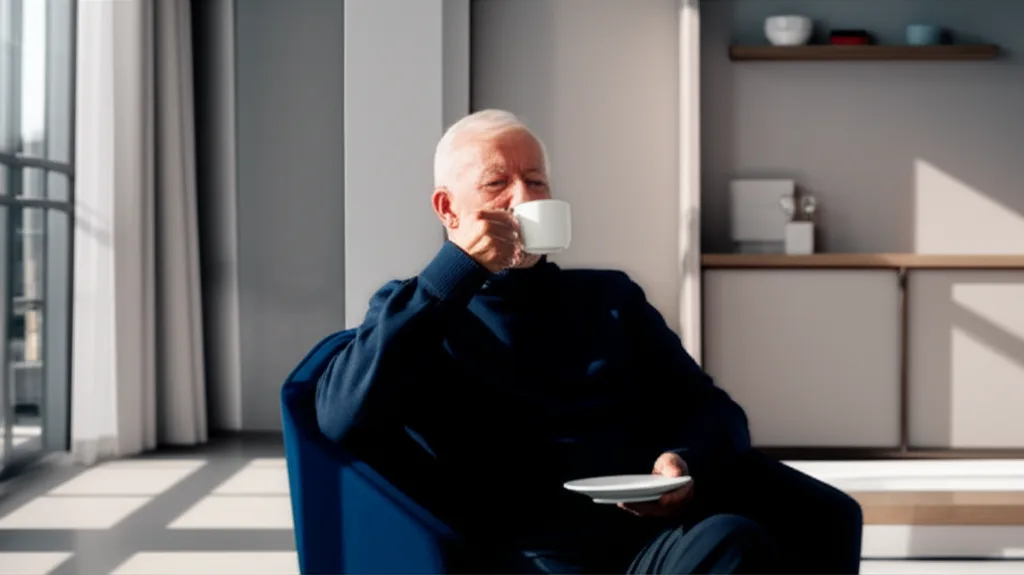 マネックス証券iDeCoでゴールド解禁|インフレ時代の資産防衛比較 - 退職後の生活を想像させる、穏やかな午後のリビングでコーヒーを飲む初老の男性