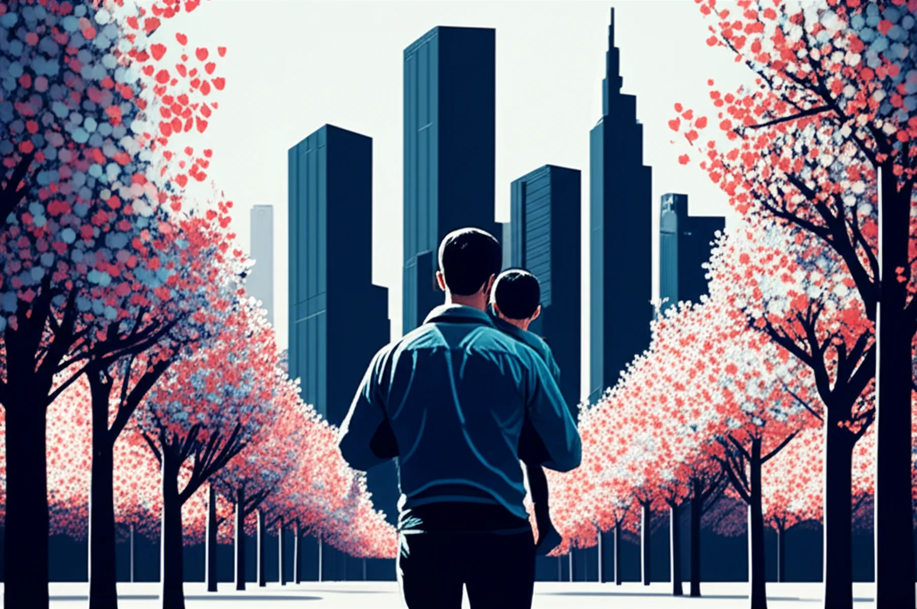 子ども子育て支援金いつから？年収別負担額と手取り影響を解説 - 桜が咲く公園で子どもを抱きかかえる親の後ろ姿と、遠景に広がる都市のビル群