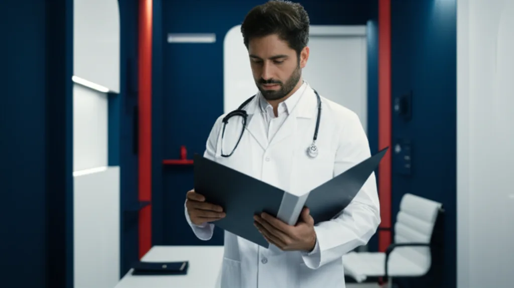 社会保険料の本質：医療赤字が示す高年収層の負担増シナリオ - 白衣の医師が書類を確認しているクリニックの診察室