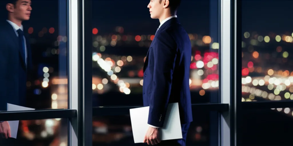 子ども子育て支援金いつから？年収別負担額と手取り影響を解説 - 高層ビルの窓際で書類を手に立つスーツ姿のビジネスパーソンと夜景
