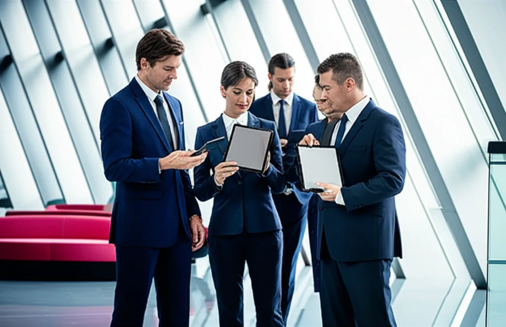 子ども子育て支援金いつから？年収別負担額と手取り影響を解説 - 近代的なオフィスビルのロビーで、タブレットを操作するスーツ姿の男女