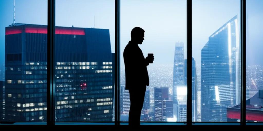 子ども子育て支援金いつから？年収別負担額と手取り影響を解説 - 夕暮れの都市を背景に、コーヒーカップを持ちながら窓の外を見つめるビジネスパーソンのシルエット