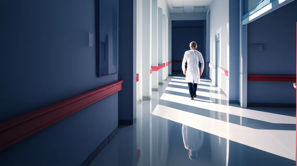社会保険料の本質：医療赤字が示す高年収層の負担増シナリオ - 病院の廊下を歩く白衣の医師、窓から光が差し込む静かな朝の風景