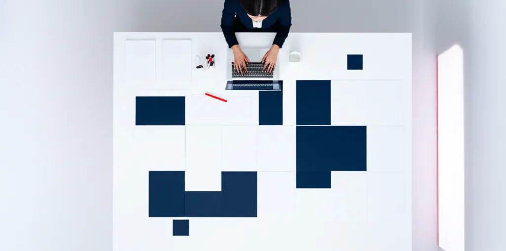 子ども子育て支援金いつから？年収別負担額と手取り影響を解説 - 白い壁のミニマルなオフィス空間で、ノートPCの前に座り資料を広げる人物の俯瞰ショット