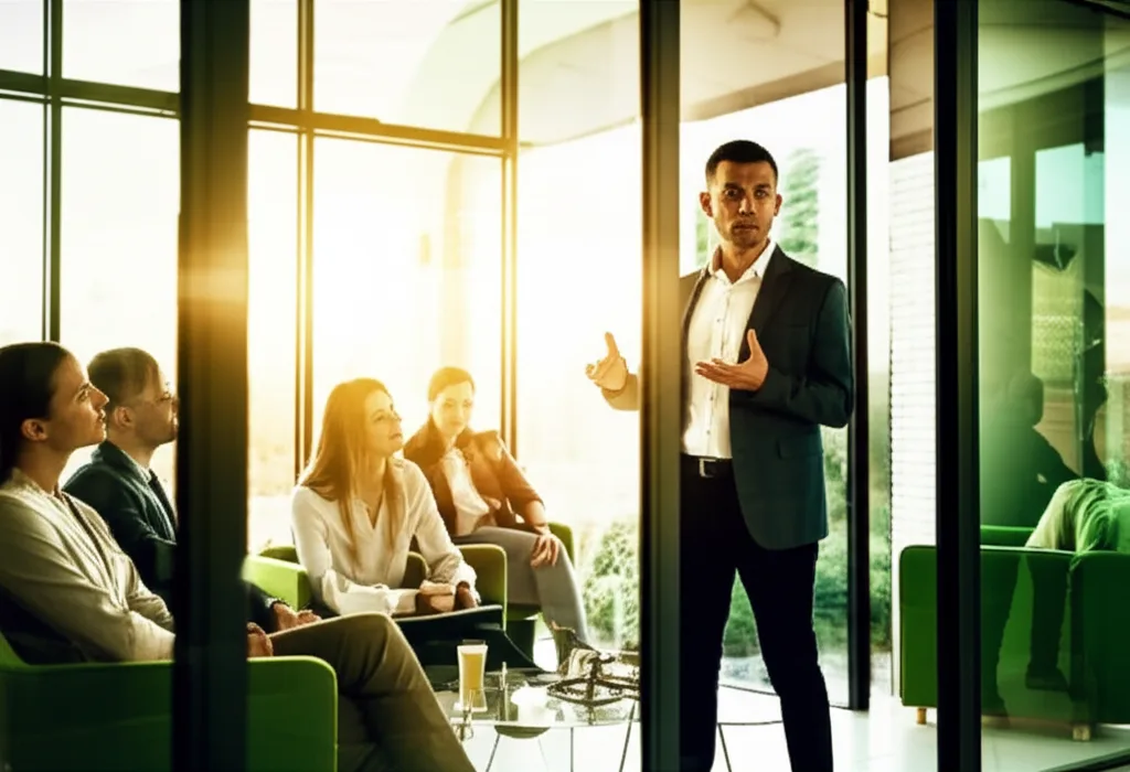 アスリート セカンドキャリアで年収1000万超を狙う戦略とは - ガラス張りのオフィスビルの会議室で、若手社員たちにプレゼンをするスーツ姿の男性、自信に満ちた表情