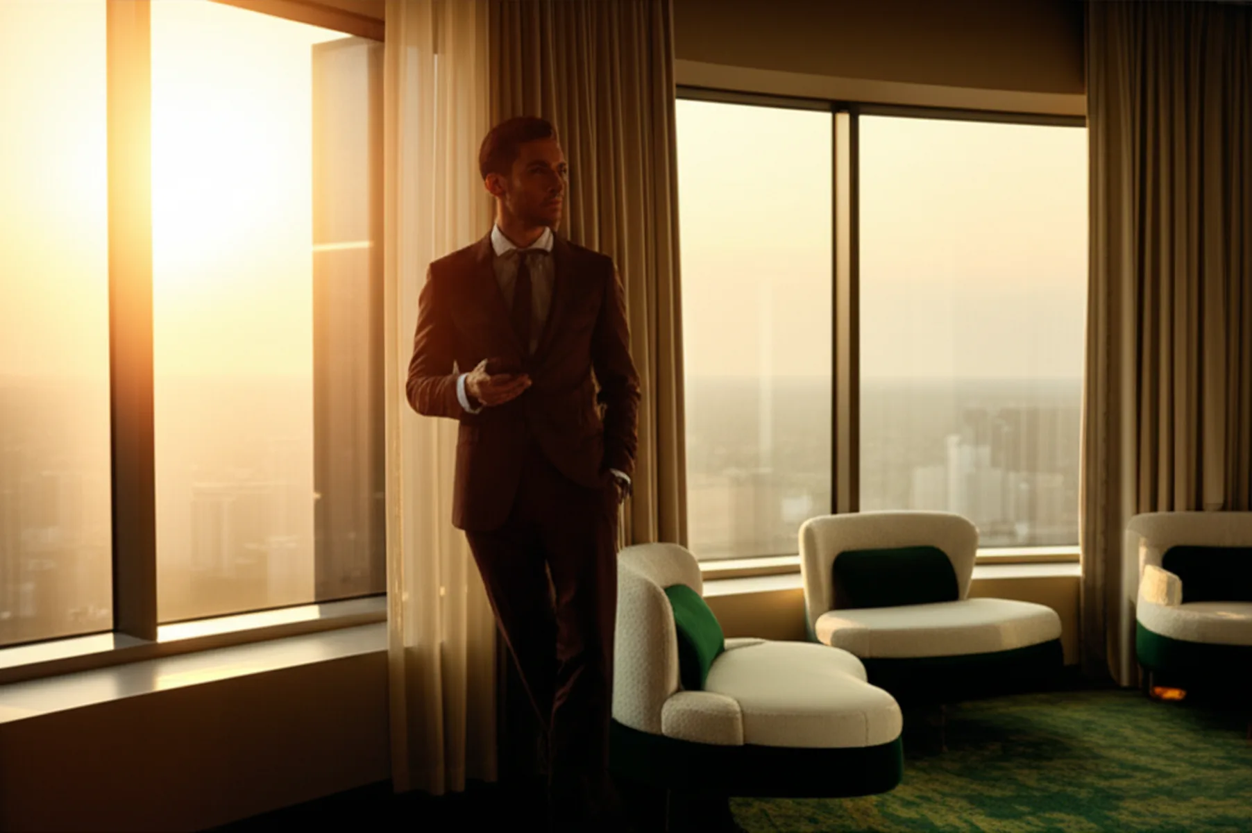 新NISA 40代の満額戦略｜高年収が使うべき最速ロードマップ - 夕暮れの都市を見下ろす高層ビルのオフィスで、スーツ姿の男性がスマートフォンを手に窓の外を眺めているシ