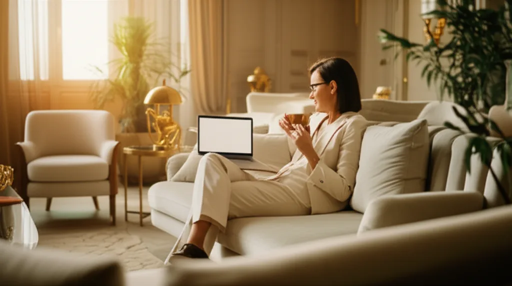 新NISA 40代の満額戦略｜高年収が使うべき最速ロードマップ - 朝の光が差し込む広々としたリビングで、コーヒーカップを持ちながらノートパソコンを開く40代のビジネス