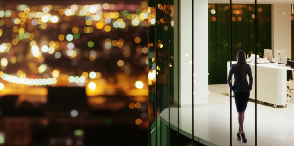 新NISA 40代の満額戦略｜高年収が使うべき最速ロードマップ - 夜の都心を背景に、ガラス張りのオフィスでホワイトボードの前に立つビジネスパーソンのシーン